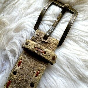 Vintage wide rustic leather belt with hammered bronze buckle